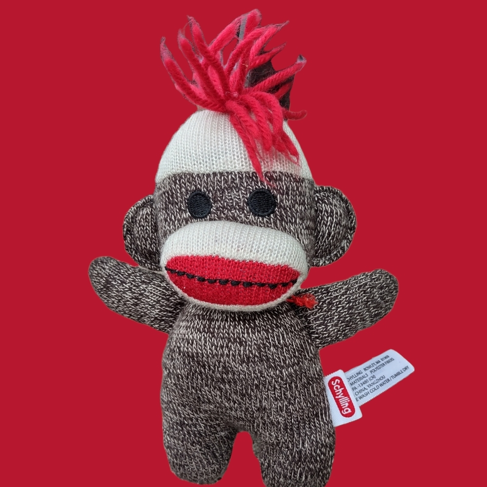 •Schylling Sock Monkey Yarn Red Hair 7" Brown Plush Stuffed Animal Baby Doll
